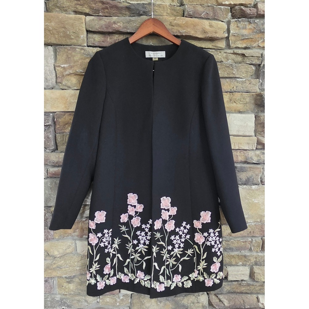 Tahari Arthur S Levine Black Floral Embroidered Open Front Topper Coat Jacket 6